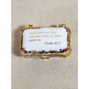 Imperial Porcelain Mini Trinket Box White Psalm 43:3 Bible Verse 2 1/2" Gold Vtg